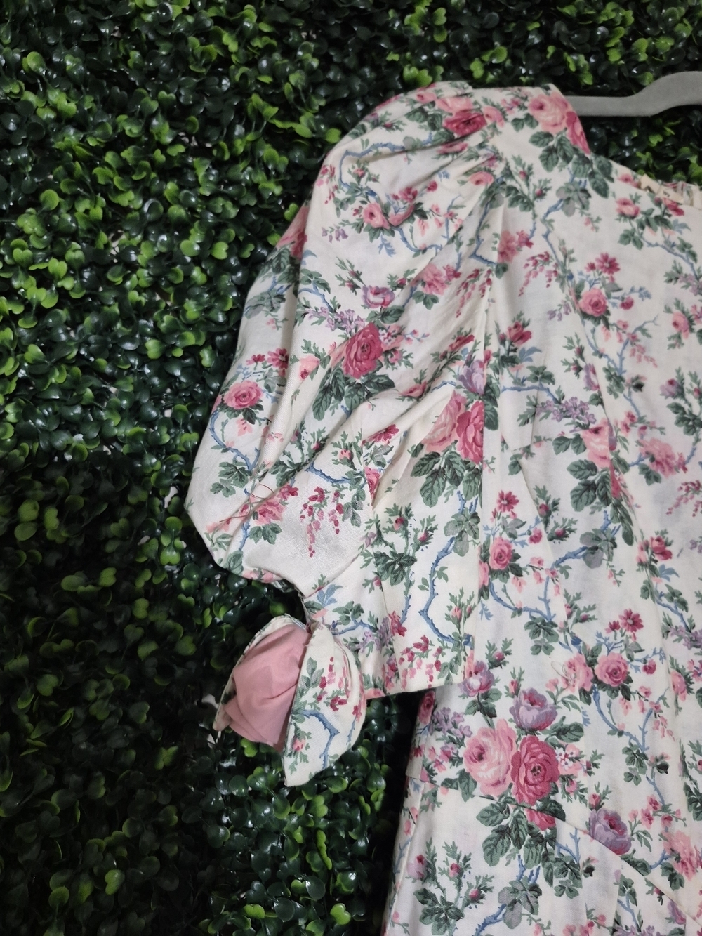 Women's Handmade Vintage Pink Floral Puff-Sleeve Midi Dress - Picture 2 of 11